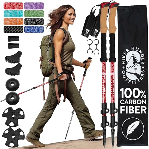 Hiker Hunger Wanderstöcke aus Kohlefaser, zusammenklappbar, leicht, für Damen, Wanderstöcke zum Wandern, Nordic Walking Stöcke für Senioren, Herren und Kinder, Rot
