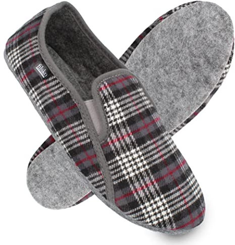filsko® Vemb - Pantoffeln - leise dank Filzsohle - flexibel durch Gummizug - flache Absatzform - Fersenschutz - 40 EU - grau kariert