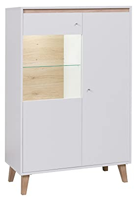 Lomadox Wohnzimmer Highboard Vitrine mit LED Beleuchtung in weiß mit San Remo Eiche Nb., B/H/T ca. 90/136,5/40 cm