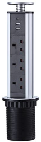 Pull Pop Up Power Sockets for Kitchen Worktops Electrical Plug Socket with 1 Type-C & 2 USB Charging Ports, Silver