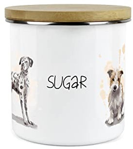 Purely Home Dog Themed Sugar Canister - Dalmation Frenchie Terrier Spaniel - White Metal Enamel Kitchen Food Storage Container