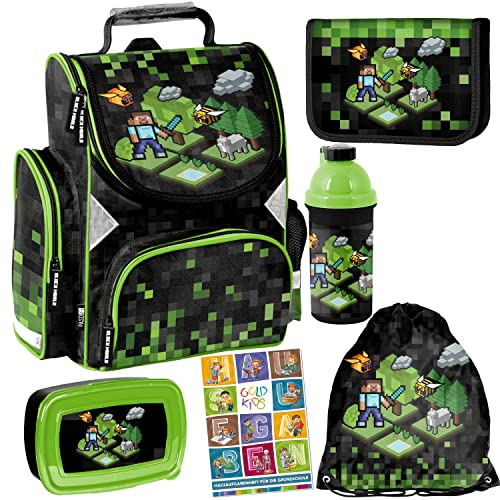 Goldkids 6er Set Schulranzen Ranzen Tornister Schulrucksack Federmappe Turnbeutel Turnsack Brotdose Trinkflasche Aufgabenheft Game Motiv ab 1 Klasse