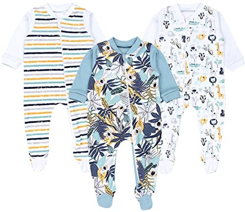 TupTam Baby Unisex Schlafstrampler Mädchen Schlafanzug mit Fuß Jungen Spieler 3er Pack, Farbe: Koala Safari Streifen Mintgrün Orange Blau, Größe: 68