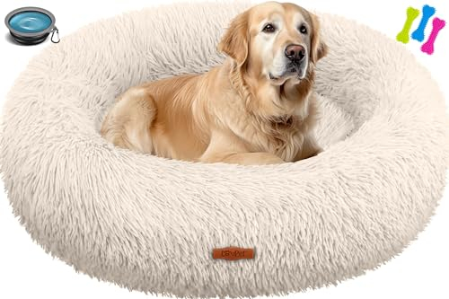 Lovpet® Hundebett Hundekissen Katzenbett Bagel, Waschbar, Inkl. Napf + 3X Kauknochen, Hundesofa flauschig Kissen Rund aus Plüsch für Kleine, Mittelgroße & Große Hunde, Katzen [XXL, Ø 80cm Beige]