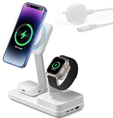 ESR 100W 6-in-1 Charging Station with CryoBoost, Compatible with MagSafe Charger Stand, Magnetic Wireless Charger for iPhone 16/15/14/13/12 Series, AirPods 4/3/AirPods Pro, White