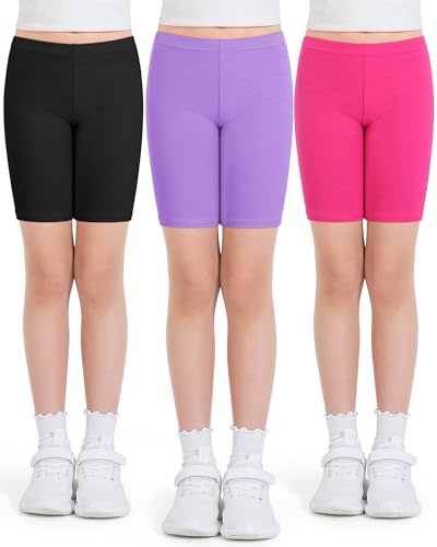 Auranso Girls Cycling Shorts 5-6 Years PE Dance Short Leggings Kids Summer Over Knee Half Length Cycle Shorts 3 Pack Black Rose Purple