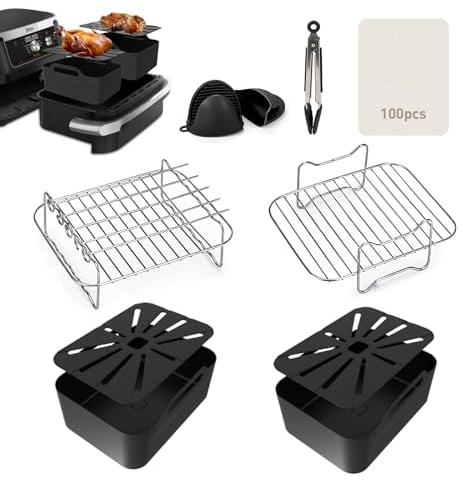 EAIMi Air Fryer Accessories, 8 Pcs Dual Air Fryer Accessories for Ninja Foodi FlexDrawer Air Fryer AF500UK 7-in-1 2023 Released 10.4L, Ninja AF500UK Liners & Racks & Tools