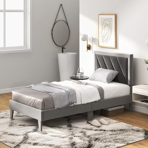 RELAX4LIFE 3FT/4FT6 Bed Frame, Single/Double Velvet Upholstered Platform Bed with Headboard, Solid Wooden Slats Support Mattress Foundation, No Box Spring Needed (194 x 95 x 105 cm)