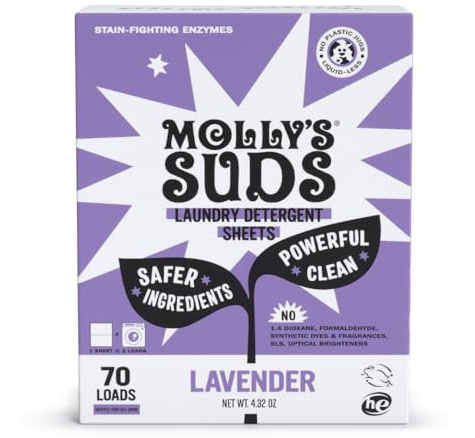 Molly's Suds Waschmittelblätter | Sanft zu empfindlicher Haut, kraftvolle Enzyme auf pflanzlicher Basis, Fleckschutz, Verpackung ohne Flüssigkeit und Plastik | 70 Brauen (Lavendel)