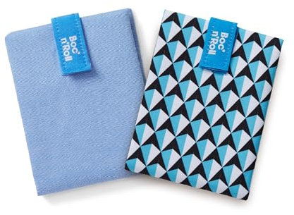 Roll'eat ® | Pack de 2 Bolsas de Merienda | Porta Bocadillos con Envoltorio Reutilizable, Porta Alimentos Ecológico sin BPA, Bolsa de Tela, Color Azul (Boc'n'Roll Nature & Tiles)