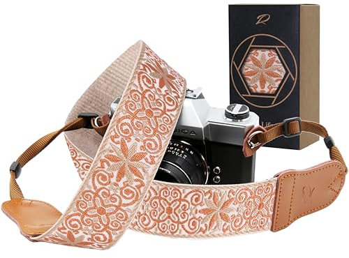 Padwa Lifestyle Camera Strap - 2 Wide Cowhide Head Cotton Camera Straps for Photographers,Vintage Universal Neck & Shoulder Camera Straps for All DSLR(Khaki Yellow flower)