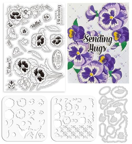 ORIGACH Realistische Frühling Stiefmütterchen Stempel und Stanzen und Schichtung Färbung Schablone Bundle für Kartenherstellung Fotoalbum Kunsthandwerk Zubehör