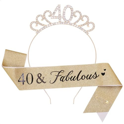 TOPWAYS 40. Geburtstag Mädchen Frauen Deko Schärpe und Tiara Kit, Geburtstag Geschenke Fabulous Sash & Headband Krone Geburtstag für 40 Geburtstag Deko Mädchen Frauen (40 Fabulous, Gold)