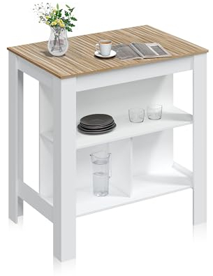 duehome | Nitza, Mesa Alta con almacenaje, Isla de Cocina, Acabado en Blanco Artik y Natur, Medidas: 103 cm (Largo) x 67 cm (Ancho) x 105 cm (Alto).