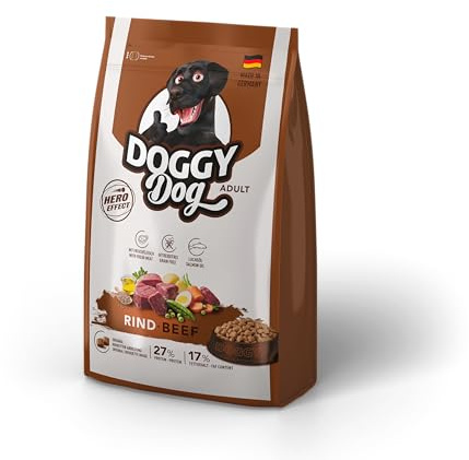 DOGGY Dog Rind Adult, 5 x 1 kg, Trockenfutter mit hohem Fleischanteil für ausgewachsene Hunde, getreidefreies Hundefutter mit Lachsöl, Made in Germany