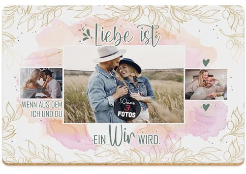 PR Print Royal Platzset mit 3 Fotos selbst gestalten - Wenn aus Ich und Du EIN Wir Wird - Personalisiertes Platzdeckchen Geschenk, Hochzeitstag, Liebe - abwischbares Tischset, Kork, 40x30 cm
