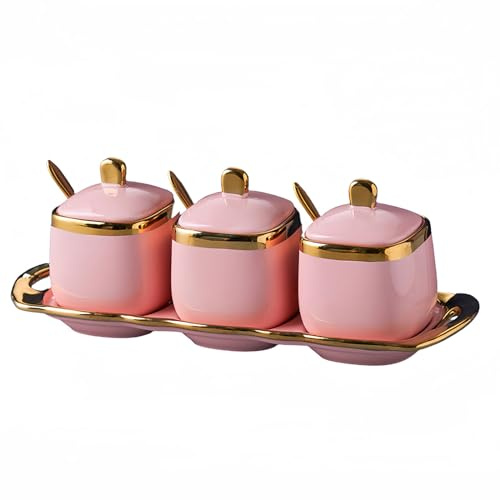 Dowbom DB-TG-004 Zuckerdose mit Deckel und Löffel, Zuckerdose, Gewürzdose, Salztopf, Gewürzdose, 3 Stück, Rosa