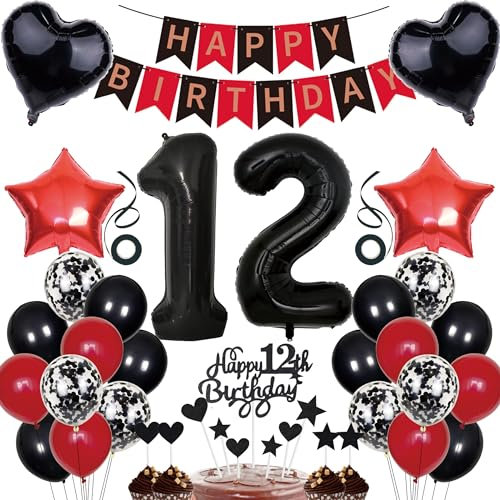 12. Geburtstag Deko Junge Mädchen - Tortendeko, Girlande Schwarz Rot, Party Deko 12 Jahre, 12th Ballons, Konfetti, Luftballon Zahl 12, Dekoration
