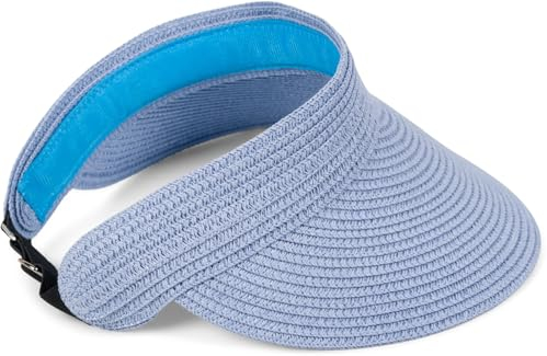 styleBREAKER Papierstroh Visor Cap einfarbig | Sonnenvisier mit elastischem Band und Hakenverschluss | Luftige Schildkappe als Sonnenhut für Damen, Farbe:Taubenblau