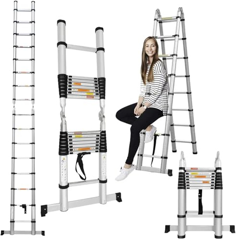 5M Telescopic Ladder 2.5M+2.5M A Frame Multi-Purpose Aluminum Telescoping Ladders Extendable 2x8 Steps Portable Sturdy Loft Ladder for Gutter Cleaning Replace Bulb Repair Roof, Max Load 330lbs
