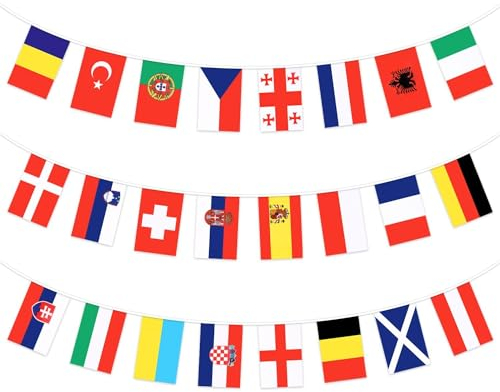 DERAYEE Lot de 2 guirlandes de drapeaux du monde avec 24 pays - Drapeaux de la Coupe d'Europe de football et jeux olympiques 2024 - Décoration pour bar, jardin, club, restaurant, fête, événements (14