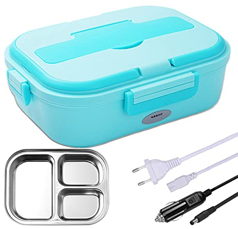 YIHANSS Electric Lunch Box 2-in-1 Self Heating Bento Box 12V/110V for Car/Home Food Warmer with Stainless Steel Container and Lunch Bag,Blue,27 oz