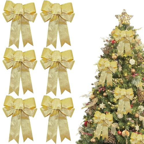 YankMooM 6Pcs Gold Glitter Bows for Christmas Tree Decoration,23x18 cm Glitter Xmas Bows Wreaths Bows Small Gold Christmas Bows for Christmas Tree Wreaths Garland Gift Decoration