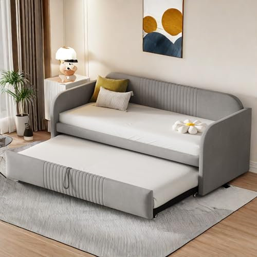 Sapgaks Schlafsofa 90 x 190, Schlafsofa 2-Sitzer,ausziehbar mit Ausziehbett,Bett 180 x 190 mit Lattenrost,Bettgestell, gepolstertes Bett mit vertikalen Streifen,Erwachsenenbett (Ohne Matratze)