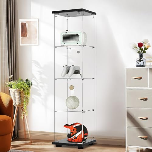Aplancee Vitrine en verre noir - 164,3 x 36,6 x 42,5 cm - Avec 4 étagères en verre et 1 porte en verre trempé - Armoire moderne pour salon, bureau, objets de collection, livres, vin