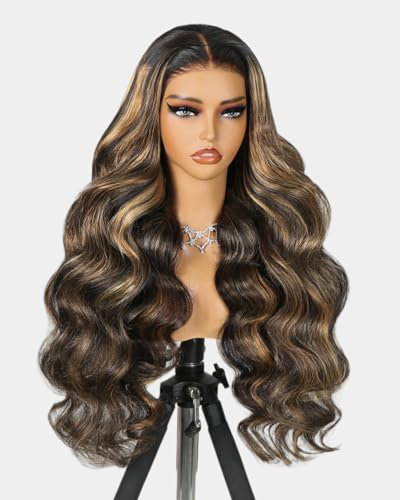 MEGALOOK 12A Balayage Body Wave Wig Perücke Damen Wear and Go Glueless Wigs Human Hair Upgraded 5x6 Pre Cut Lace Front Wig 210% Density Highlight Ombre Wig with Pre Plucked Bleached Tiny Knots 26 Inch
