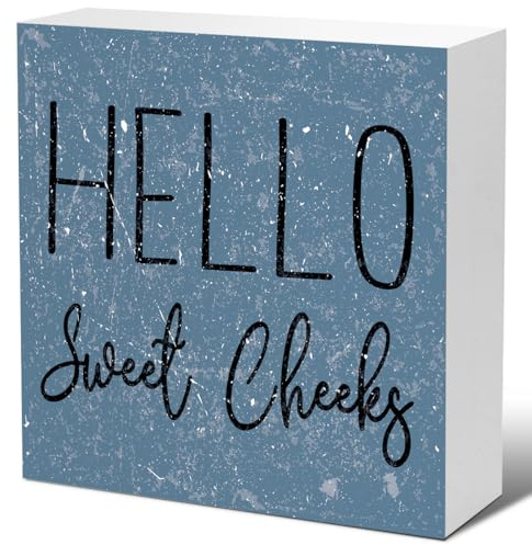 Funny Bathroom Wood Block Signs,Hello Sweet Cheeks Wooden Box Sign for Bathroom Shelf Toilet Restroom Home Tabletop Desk Decor,Rustic Bathroom Sign Decor wood-Blue