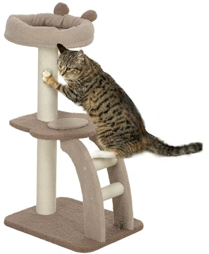 PawHut Albero Tiragraffi a 3 Livelli con Trespolo Superiore e Pallina Giocattolo, Torre per Gatti in Legno, Iuta e Poliestere, 48x40x88 cm, Marrone