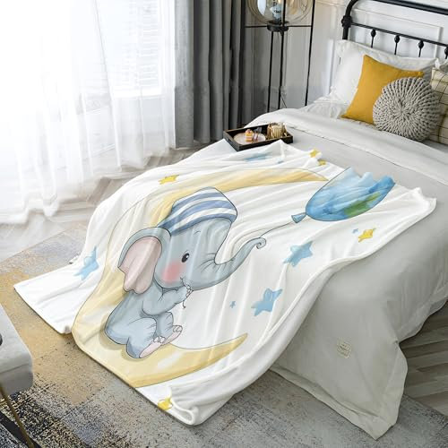 Kuscheldecke Flauschig Decke Fleecedecke - Ballon Elefant - Kuscheldecke Flauschige für Gemütlichkei, 130x150cm Mond Babyelefant Decke, Weich & Warm, Pflegeleichte Flauschige Decke