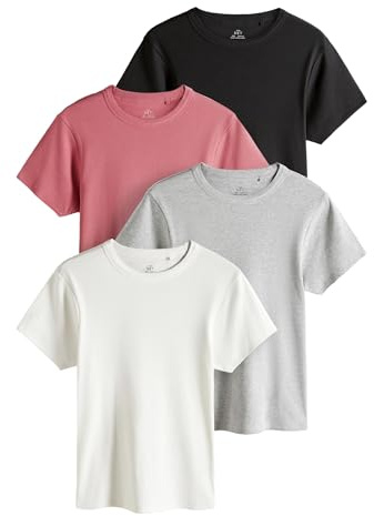 THE SET Femme T-Shirt côtelé à Manches Courtes, Lot de 4 Noir/Rose Pink/Crème/Gris Clair XL