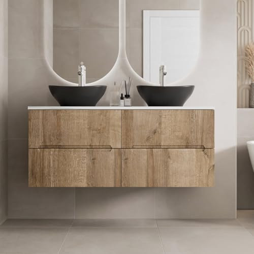 Vitusso® 1200mm Fluted Bathroom Cloakroom Vanity Unit White Marble Countertop Double Oval Black Basin Sink Wall Hung Storage Furniture Soft Close, Oak