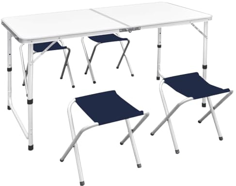 WSJHUHK Campingtisch Set faltbar mit 4 Hockern höhenverstellbar 120x60cm