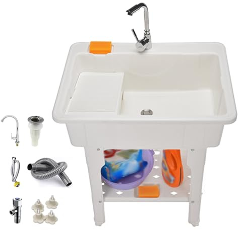 Kunststoffspüle mit Waschbrett, Freistehende Spüle mit Wasserhahn, Ventilen und Abflussrohr, Waschtisch, 200 Kg Tragkraft, für Waschküche, Keller, Garage Oder Werkstatt(White,80 * 56 * 80cm)