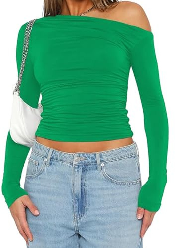 Off-The-Shoulder top Long-Sleeved Shirt Women's Basic T-Shirt Casual Y2K Slim fit Crop Tops(Green-j1,XXL)
