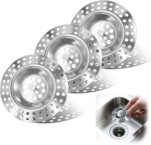 Tashce 3 Pack Stainless Steel Sink Strainer with Handle for Kitchen & Bath | 7cm / 2.75 Universal Drain Protector Hair Catcher, Anti-Clog for Shower Bathtub, Rustproof Steel, Easy to Clean