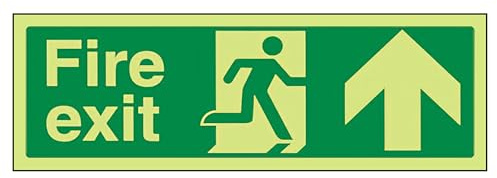 The Workplace Depot Fire Exit Up Glow-in-the-Dark Safety Sign, 150(H) x 450(W) mm Photoluminescent PVC Sign, Running Man with Up Arrow, 8+ Hour Glow – For Offices & Warehouses