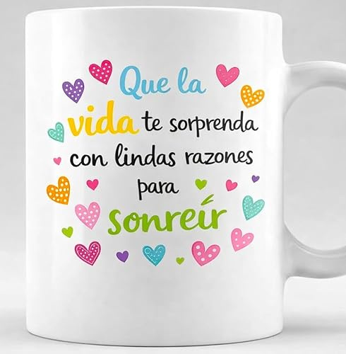 Genérico Taza con mensaje positivo, frase motivadora y diseño de corazones – Taza cerámica 350 ml para café o té - Tazas con Frases motivacionales