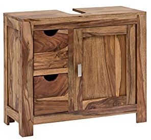 Woodkings Waschbeckenunterschrank Laros 55x60 cm aus Massiver Akazie für Badezimmer – Badunterschrank mit 2 Schubladen, Waschtischunterschrank, Badmöbel Massivholz in Braun