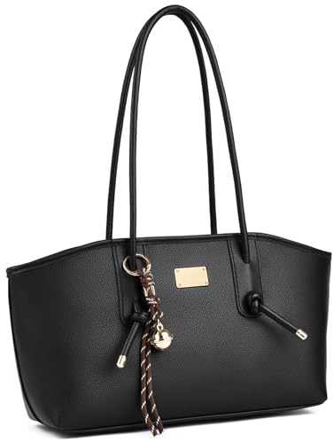 unisoul Handtasche Damen Mittelgroß, Y2K Tote Bag aus PU Leder Elegante Schultertasche mit verstellbarem Gurt und Anhänger, Vintage Umhängetasche für Büro Shopping Reise,Schwarz