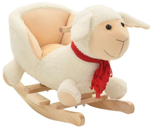 GeenYuu Schaukeltier Schaf mit Rückenlehne Plüsch und Holzsockel 60x32x50 cm Weiß Kinder Schaukelpferd Reittier mit Metallrahmen für Baby Kleinkind Indoor Outdoor Spielzeug