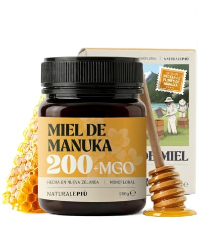 NaturalePiù Miele di Manuka 200+MGO Testato dalla Nuova Zelanda | 250 g. Miele monoflorale dalla Nuova Zelanda, testato per metilgliossale, ideale per tè, toast e yogurt.