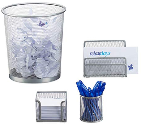 Relaxdays Schreibtisch Organizer 4er Set Metall, Schreibtisch-Set, Ablage, Zettelbox, Stifteköcher, Mülleimer, silber