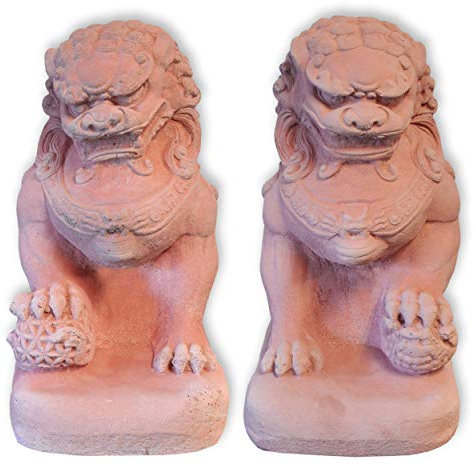 Wilai Fu-Hund männlich oder weiblich ROT - STEINGUSS Winterfest Wächterfigur wachender Löwe FOO Dog 32 cm hoch