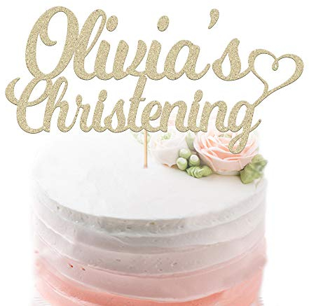 Personalised Christening Cake Topper | Christening Cake Decor | Personalised with Name, Baptism Baby Name, Christening Name | First Communion | Double Sided Glitter Hand Finished in UK(Champagne Gold)