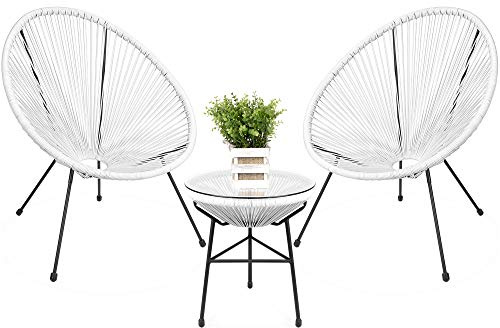 Best Choice Products 3-Piece Outdoor Acapulco All-Weather Patio Conversation Bistro Set w/Plastic Rope, Glass Top Table and 2 Chairs - White