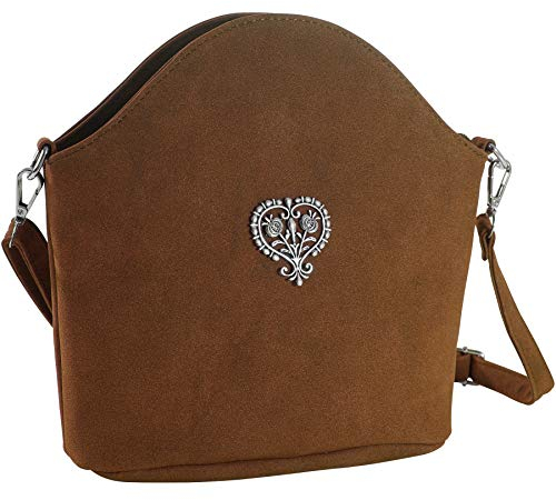 dressforfun 900649 Damen Trachten Handtasche Blütenherz, Schicke Trachtenhandtasche in Wildlederoptik (Braun | Nr. 303259)